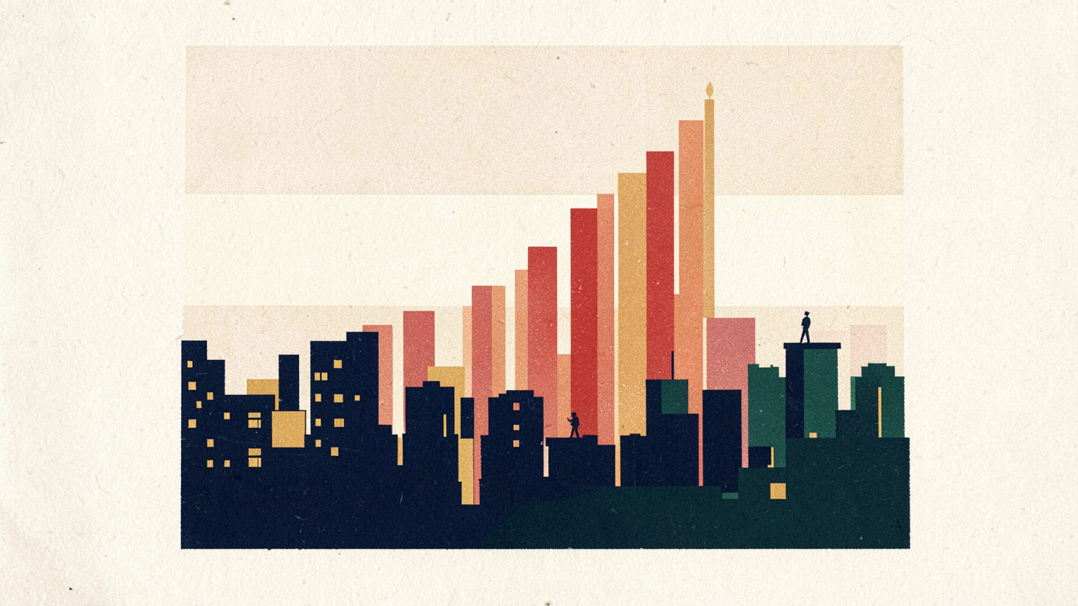 Illustration of a rising chart behind a city skyline at sunrise