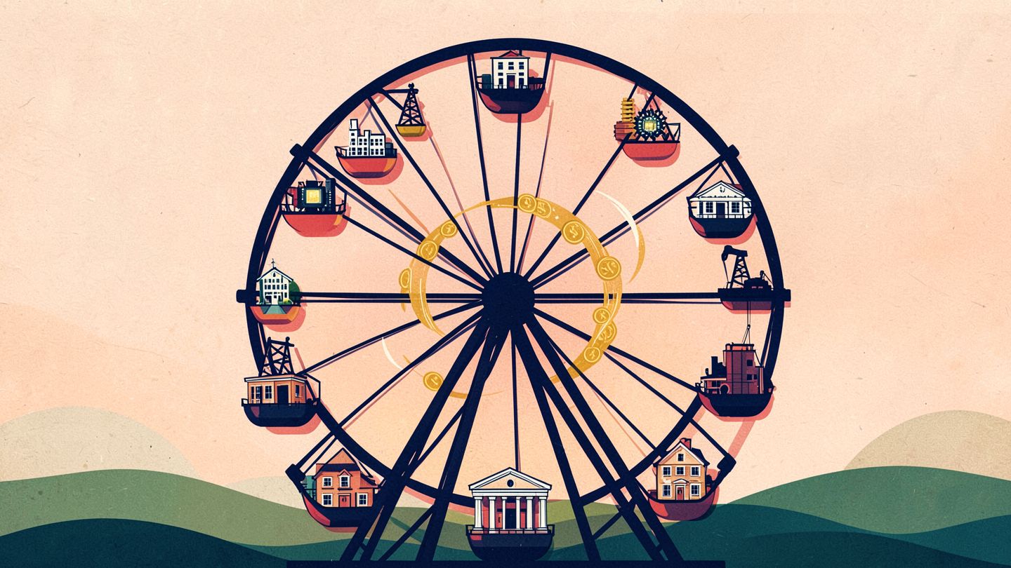 Illustration of a turning wheel of industries, from a factory and a computer chip to an oil rig, a bank and houses, with gold coins flowing between them